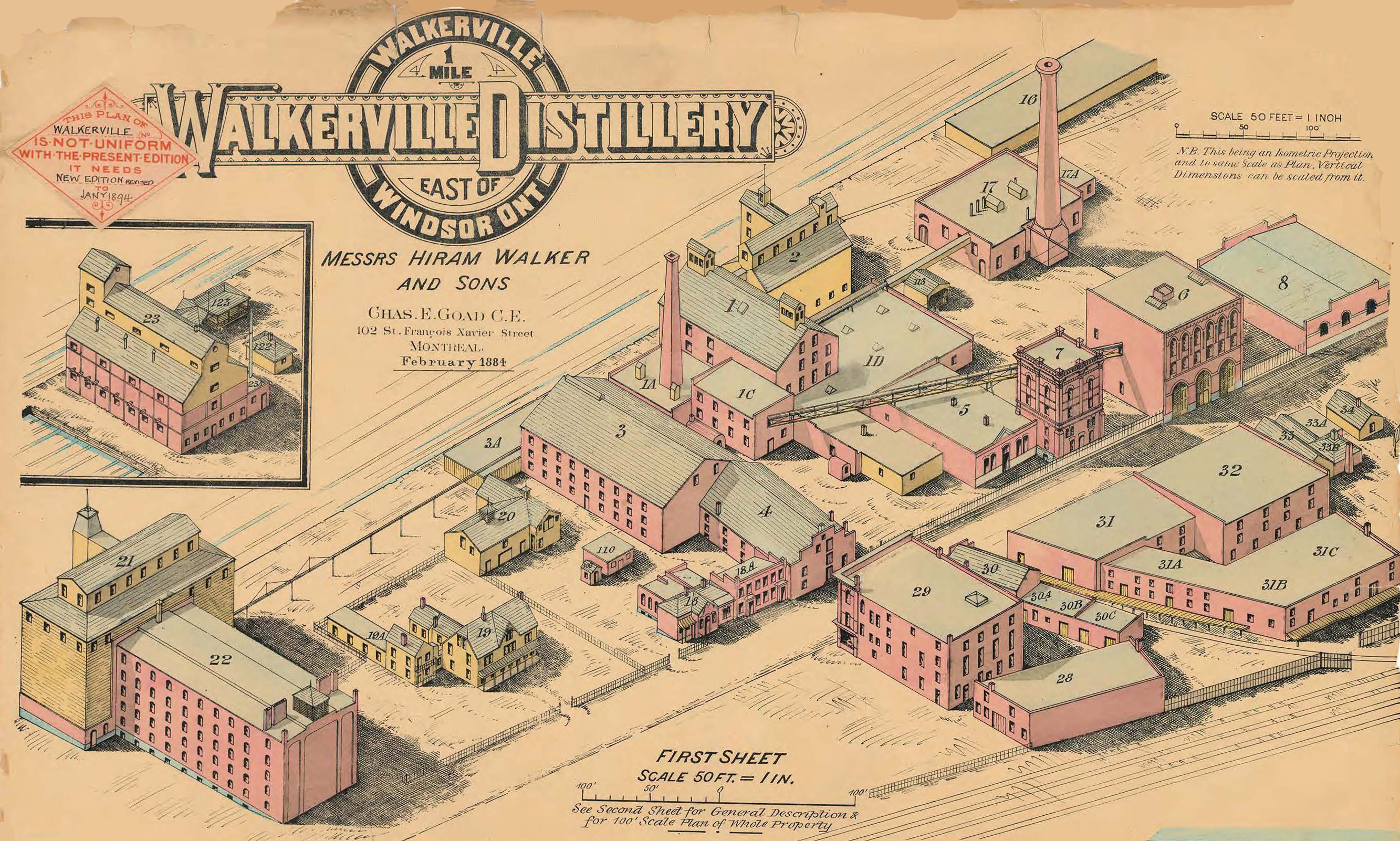 Historical artist rendering of the Walkerville Distillery buildings